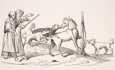 Kampf zwischen Pferd und Hunden, Reproduktion einer Miniatur in einem Manuskript aus dem 13. Jahrhundert, aus 